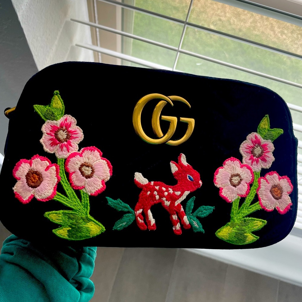 🌸 Gucci GG Marmont Small Black Velvet Bambi Matelasse Camera Crossbody